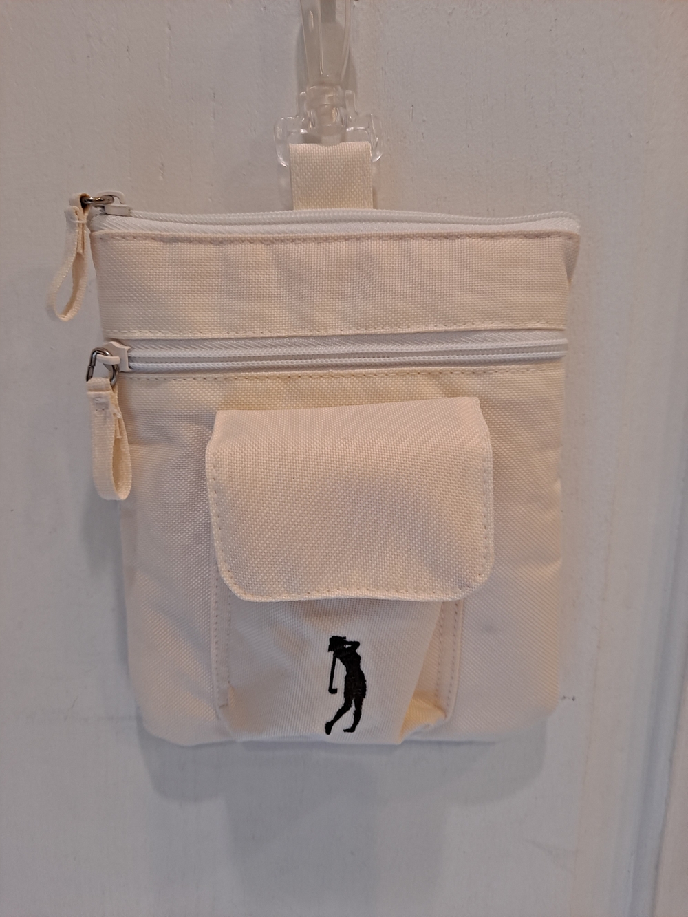 IZOD Golf Mini Clip Pouch in Cream w/Embroidered Golfer Silhouette Balls Tees